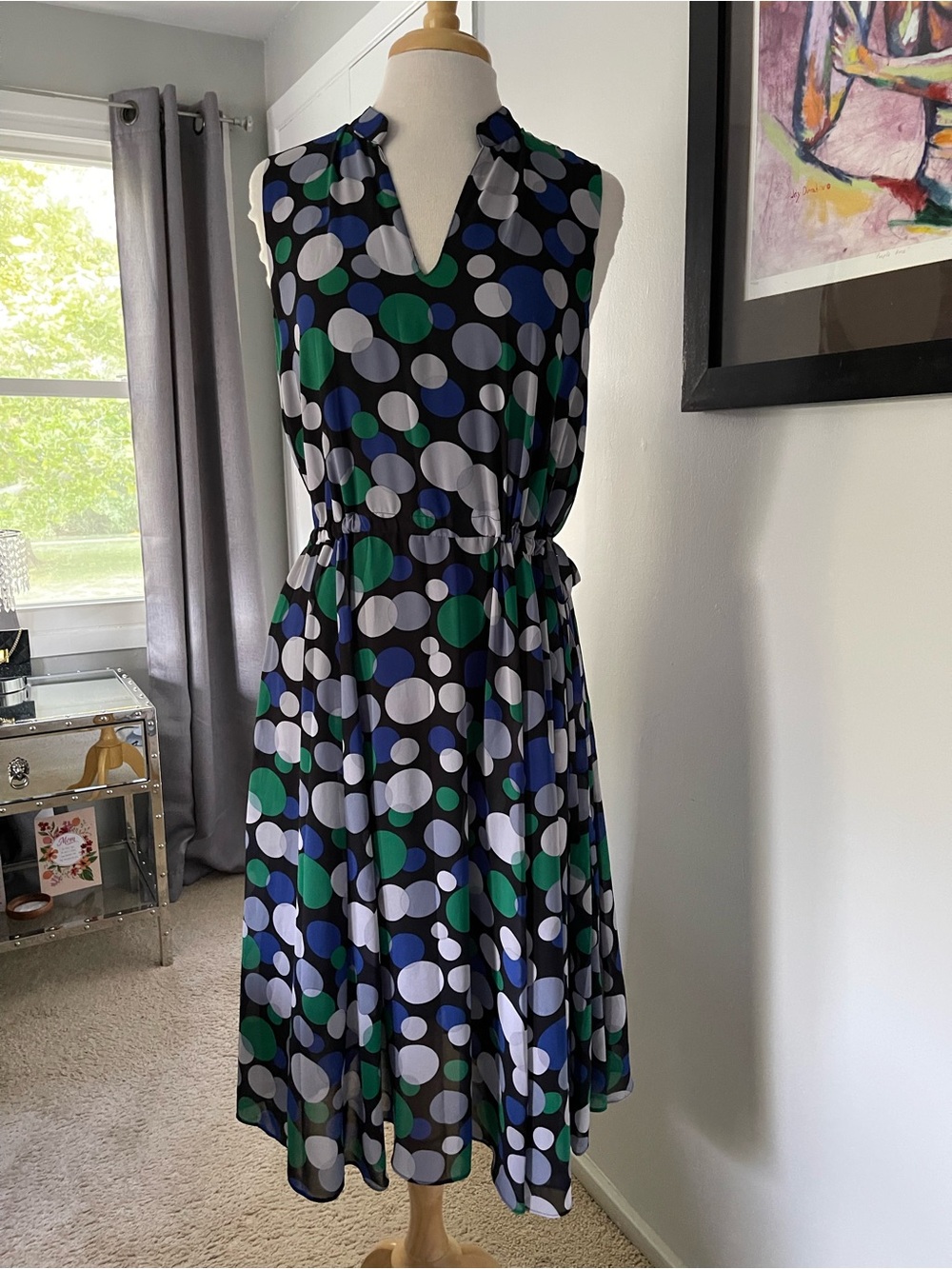 Anne Klein Black Sleeveless Midi Dress with White, Green & Blue Polka Dots